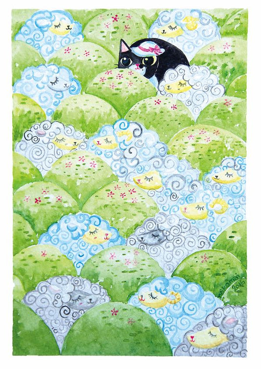 black cat &sheep, water colour, soft colour