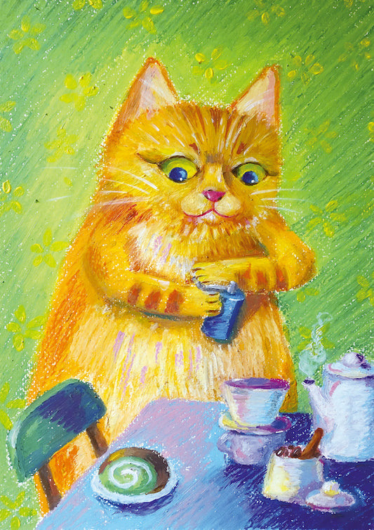 cat lover, ginger cat, coffee time, tea, colourful